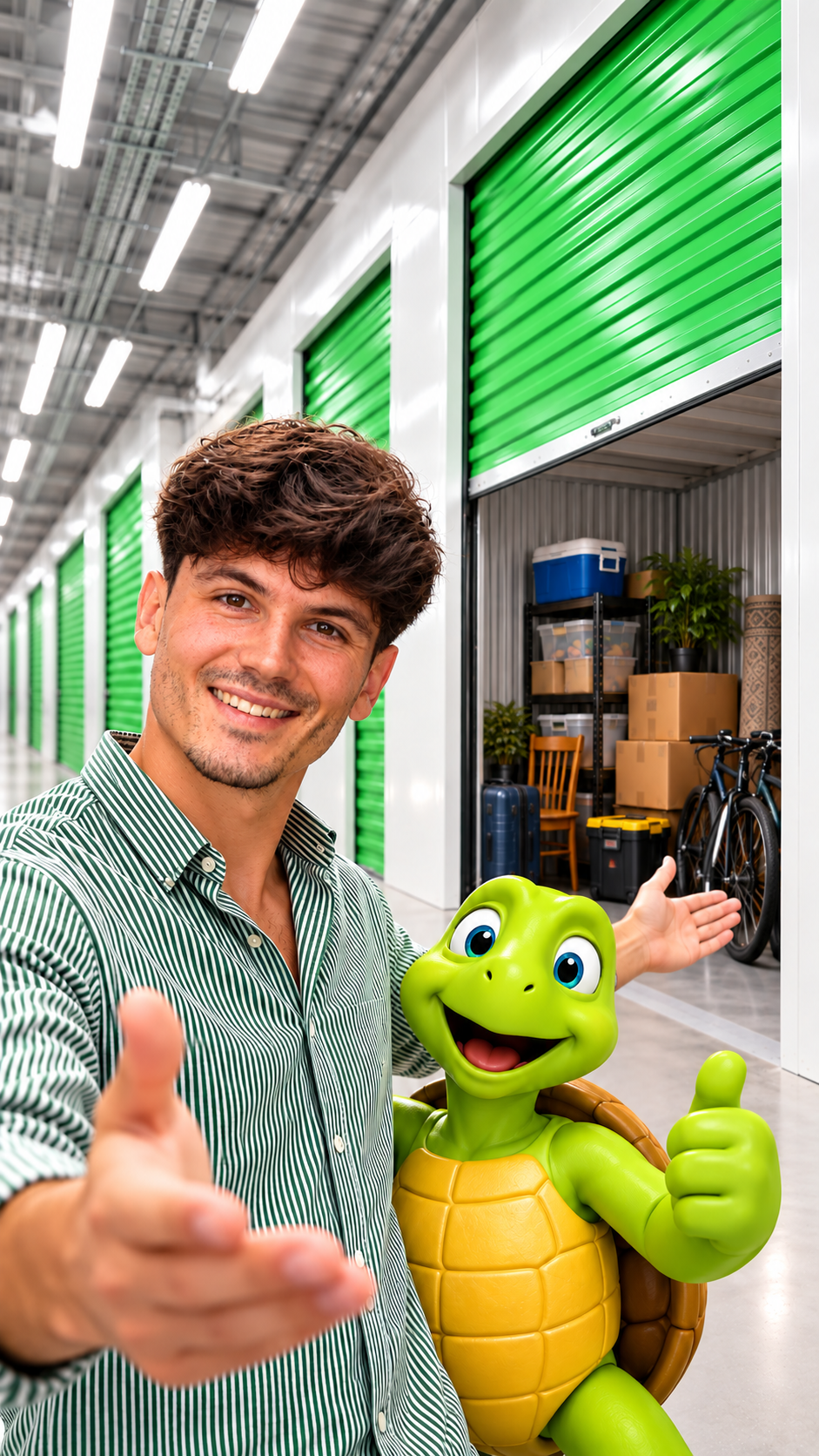 Thomas et la mascotte vous accueillent dans le centre Box my Box Seneffe